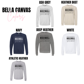 Bella Canvas top featuring a stacked baseball text design with the word baseball layered three times and grandma written in script underneath, shown in Ash Grey, Heather Dust, Navy, Deep Heather, White, and Athletic Heather options.