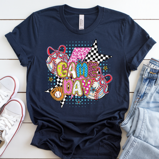 Retro baseball game day graphic on navy short sleeve top featuring colorful pop art baseball design