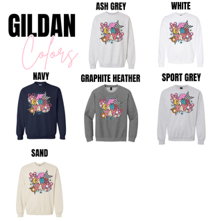 Retro baseball game day graphic on Gildan crewneck sweatshirt in navy, ash grey, white, sport grey, graphite heather, and sand