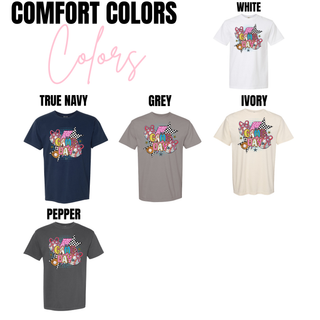 Retro baseball game day graphic on Comfort Colors short sleeve tee in true navy, grey, ivory, white, and pepper