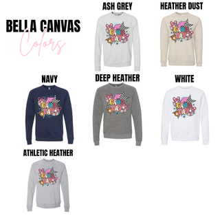 Retro baseball game day graphic on Bella Canvas sweatshirt and long sleeve in ash grey, heather dust, navy, deep heather, white, and athletic heather