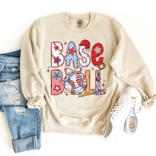 Patriotic baseball bow graphic sweatshirt in sand color with red white and blue baseball design