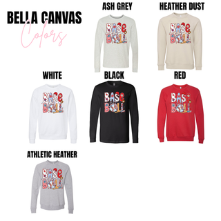 Patriotic baseball bow graphic Bella Canvas long sleeve top in ash grey. Patriotic baseball bow graphic Bella Canvas crewneck top in heather dust. Patriotic baseball bow graphic Bella Canvas crewneck top in white. Patriotic baseball bow graphic Bella Canvas long sleeve top in black. Patriotic baseball bow graphic Bella Canvas crewneck top in red. Patriotic baseball bow graphic Bella Canvas crewneck top in athletic heather.