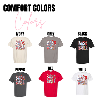 Patriotic baseball bow graphic Comfort Colors top in ivory. Patriotic baseball bow graphic Comfort Colors top in grey. Patriotic baseball bow graphic Comfort Colors top in black. Patriotic baseball bow graphic Comfort Colors top in pepper. Patriotic baseball bow graphic Comfort Colors top in red. Patriotic baseball bow graphic Comfort Colors top in white.