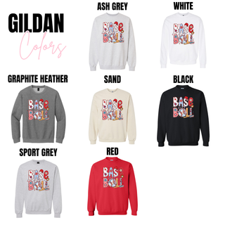 Patriotic baseball bow graphic Gildan crewneck top in ash grey. Patriotic baseball bow graphic Gildan crewneck top in white. Patriotic baseball bow graphic Gildan crewneck top in graphite heather. Patriotic baseball bow graphic Gildan crewneck top in sand. Patriotic baseball bow graphic Gildan crewneck top in black. Patriotic baseball bow graphic Gildan crewneck top in sport grey. Patriotic baseball bow graphic Gildan crewneck top in red.