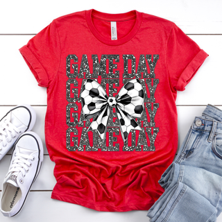 Red faux sparkle soccer game day shirt styled with denim and sneakers