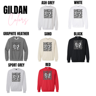 Gildan soccer game day crewneck sweatshirt available in ash grey, white, graphite heather, sand, black, sport grey, and red