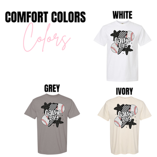 Comfort Colors baseball game day shirt available in white, grey, and ivory