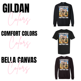 Vintage youth baseball group graphic Comfort Color, Gildan, and Bella Canvas top in black featuring boys standing on a baseball field with a large dog and bold Legends Never Die lettering.