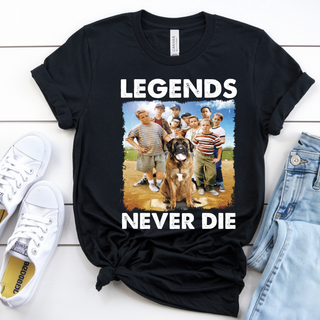 Vintage youth baseball group graphic Bella Canvas top in black featuring boys standing on a baseball field with a large dog and bold Legends Never Die lettering.