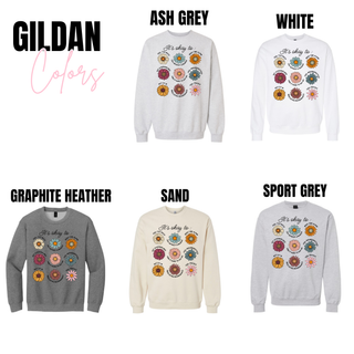Gildan It’s Okay To affirmation crewneck sweatshirt available in ash grey, white, graphite heather, sand, and sport grey