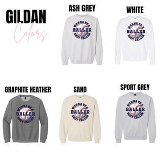Wanna Be a Baller Shot Caller baseball graphic top available in Gildan ash grey white graphite heather sand and sport grey