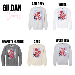 Gildan unisex Hey Batta Batta baseball graphic top available in Ash Grey, White, Graphite Heather, Sport Grey, and Sand color options