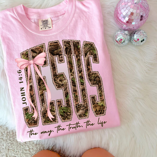 Jesus Camo Bow Christian John 14:6 Pink Top