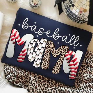 Baseball Lace Mama Graphic Top on navy garment featuring script baseball detail and oversized MAMA lettering with red baseball lace stitch texture and leopard print accents