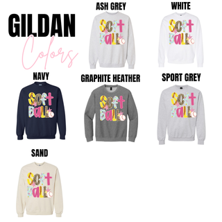 Preppy Patch Softball Graphic Top available in Gildan crewneck options including ash grey, white, navy, graphite heather, sport grey, and sand