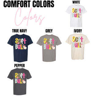 Preppy Patch Softball Graphic Top available in Comfort Colors tee options including white, true navy, grey, ivory, and pepper
