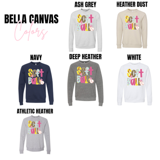 Preppy Patch Softball Graphic Top available in Bella Canvas crewneck and tee options including ash grey, heather dust, navy, deep heather, white, and athletic heather