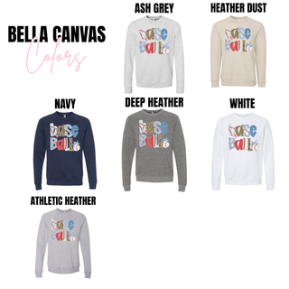Patriotic Base Ball graphic Bella Canvas tops shown in ash grey, heather dust, navy, deep heather, white, and athletic heather featuring patterned red, blue, leopard, and baseball stitch lettering with star details.