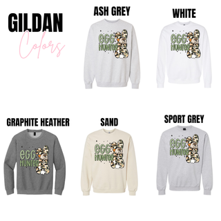 Easter Egg Hunter Camo Bunny Graphic Top available in Gildan crewneck styles including ash grey, white, graphite heather, sand, and sport grey