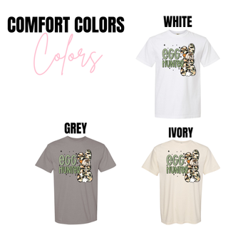 Easter Egg Hunter Camo Bunny Graphic Top available in Comfort Colors tee styles including white, grey, and ivory