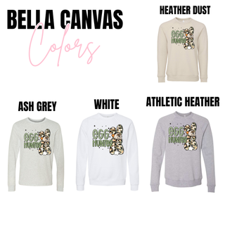 Easter Egg Hunter Camo Bunny Graphic Top available in Bella Canvas styles including heather dust, ash grey, white, and athletic heather