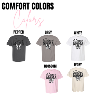 Soccer Mama faux glitter bow graphic Comfort Colors top shown in pepper, grey, white, blossom, and ivory color options with distressed black lettering and soccer ball bow detail.