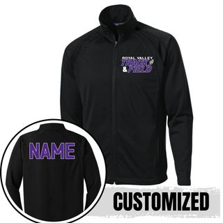 Royal Valley Track and Field custom black tricot jacket with personalized name printed on back