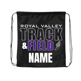 Royal Valley Track and Field black drawstring bag with personalized name option printed below graphic text