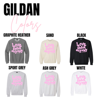 Love Them Anyway Luke 23:34 Christian graphic top gildan with pink lettering
