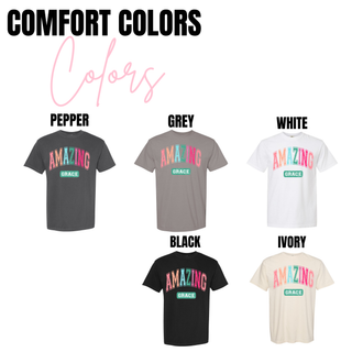 Amazing Grace Christian varsity graphic top in collegiate style lettering comfort colors.