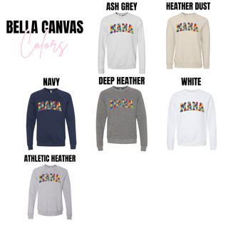 Autism Puzzle MAMA Bella Canvas crewneck sweatshirt color options including ash grey, heather dust, navy, deep heather, white and athletic heather