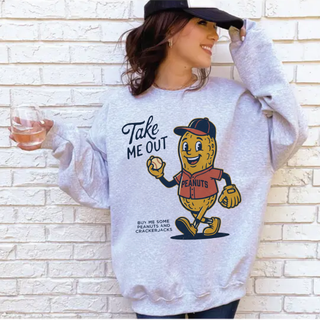 Woman wearing ash grey Take Me Out vintage baseball snack mascot graphic crewneck sweatshirt