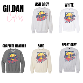 Gildan softball mama graphic top shown in ash grey, white, graphite heather, sand, and sport grey. The front graphic displays a yellow softball behind bold navy Softball lettering with red Mama script layered over a distressed framed background.