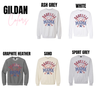 Baseball Mama vintage bats graphic Gildan top shown in ash grey, white, graphite heather, sand, and sport grey with distressed red and navy lettering, crossed bats, and star accents.