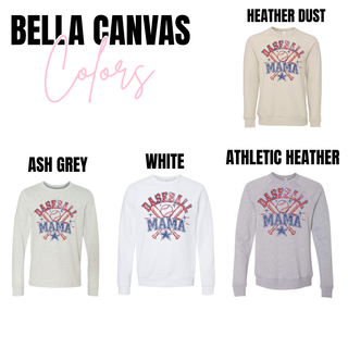 Baseball Mama vintage bats graphic Bella Canvas top shown in heather dust, ash grey, white, and athletic heather with distressed red and navy lettering, crossed bats, and star accents.