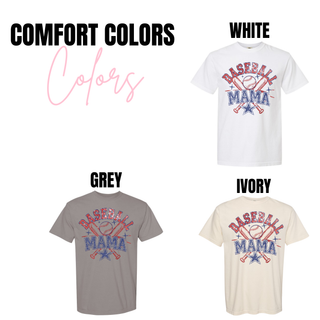 Baseball Mama vintage bats graphic Comfort Colors top shown in white, grey, and ivory with distressed red and navy lettering, crossed bats, and star accents.