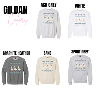 Vintage three geese bow graphic Gildan top shown in ash grey, white, graphite heather, sand, and sport grey featuring three white geese with blue bows and soft ribbon border accents.