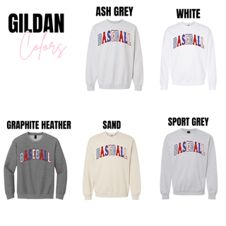 Vintage bold Baseball lettering graphic Gildan top shown in ash grey, white, graphite heather, sand, and sport grey featuring oversized red, white, and blue varsity style Baseball text.