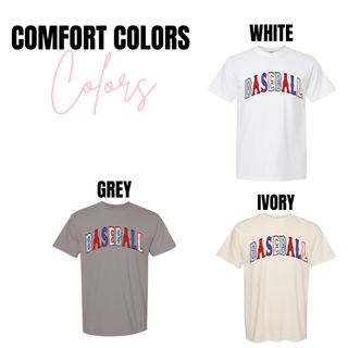 Vintage bold Baseball lettering graphic Comfort Colors top shown in white, grey, and ivory featuring retro red, white, and blue varsity inspired Baseball lettering across the chest.