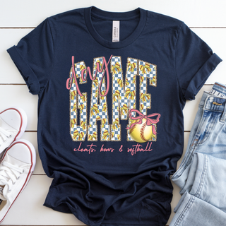 Navy any game day softball bow graphic tee with checker print letters and pink bow softball detail