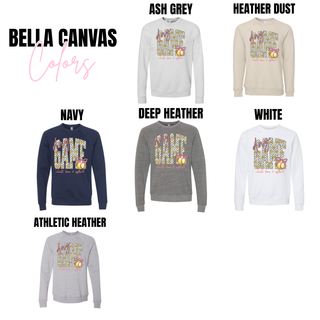 Any game day softball bow graphic sweatshirt and long sleeve available in Bella Canvas ash grey heather dust navy deep heather white and athletic heather