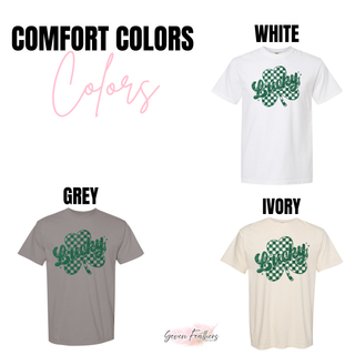 Comfort Colors t shirt in white, grey and ivory with distressed green checker shamrock Lucky graphic