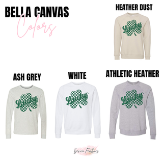Bella Canvas long sleeve and crewneck in ash grey, white, athletic heather and heather dust with green Lucky checker clover St. Patrick’s Day print