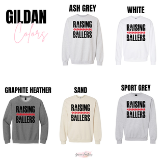 Raising Ballers baseball graphic shown on Gildan crewneck sweatshirts in ash grey, white, graphite heather, sand, and sport grey