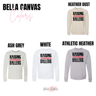 Raising Ballers baseball graphic shown on Bella Canvas long sleeve and crewneck in ash grey, white, athletic heather, and heather dust