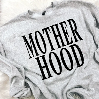 Grey sweatshirt with bold black Mother Hood graphic text across the front