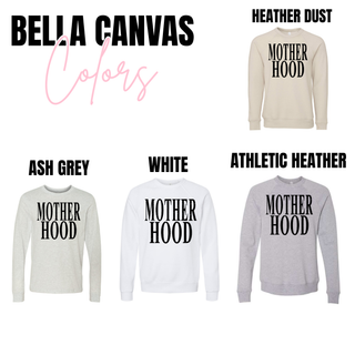 Mother Hood graphic crewneck sweatshirt in heather dust, ash grey, white, and athletic heather