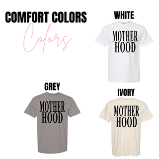 Mother Hood graphic t-shirt available in white, grey, and ivory Comfort Colors