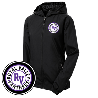 Black women’s hooded raglan jacket with Royal Valley Panthers circular RV logo on left chest, full zip front, long sleeves, and athletic fit.